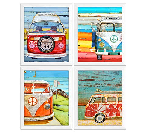 Antique Classic Vans Art Prints, Set of 4, Danny Phillips Fine Art, Mixed Media Collage Artwork, Coastal Wall Decor, 8x10 Inches