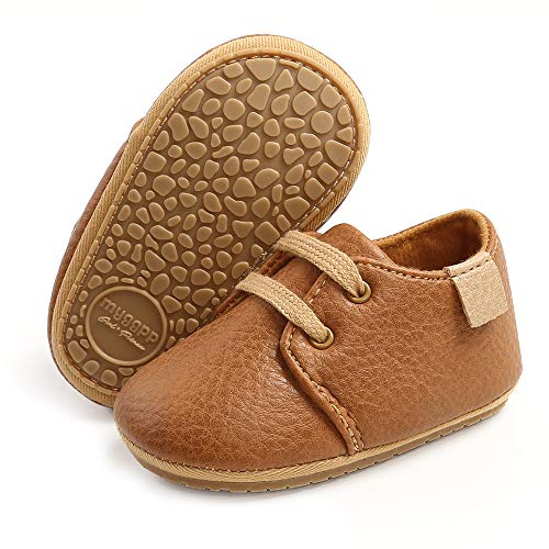 SOFMUO Baby Boys Girls Lace Up Leather Sneakers Soft Rubber Sole Infant Moccasins Newborn Oxford Loafers Anti-Slip Toddler Wedding Uniform Dress Shoes(A/Brown,12-18 Months)