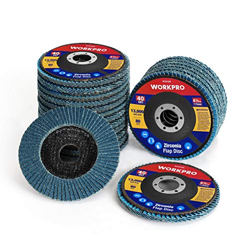 WORKPRO 20-Pack Flap Discs, 4-1/2-inch, Arbor Size 7/8-inch, T29 Zirconia Abrasive Grinding Wheel and Flap Sanding Disc, Includes 40/60/80/120 Grits