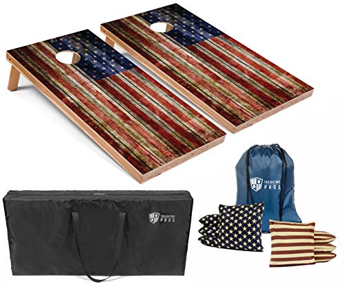 Tailgating Pros American Flag Wooden Plank Design Cornhole Board Set w/Bean Bags and Carrying Case - 4'x2' Corn Hole Toss Game - Optional LED Lights