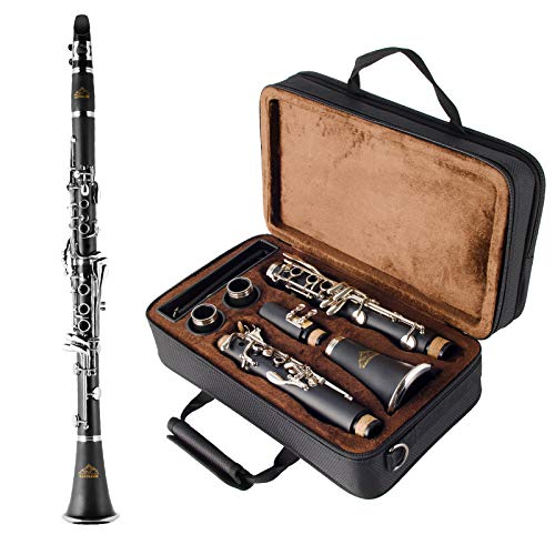 EASTROCK Clarinet Bb Flat 17 Nickel Keys Student Clarinet with 2 Barrels,Case,Stand,Clarinet Care kit(Black)