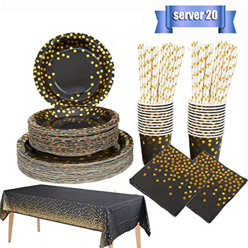 Black and Gold Party Supplies Golden Dot Disposable Tableware Serves 20- Dinner Plates,Salad Plates,Napkins,Paper Cups, Paper Straws,Tablecloth for Wedding,Anniversary,Birthday,Baby Shower