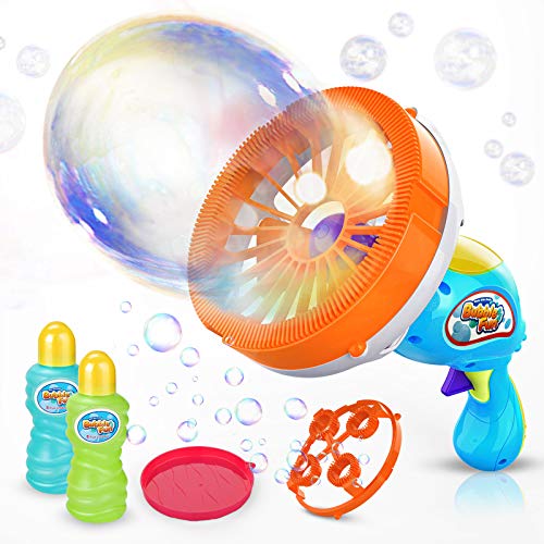 WisToyz Bubble Machine Bubble Blower Giant & Small Bubble Maker with 2 Bubble Wands, Bubble Machine for Kids Dip &Press Bubble Gun 800+ Bubbles Per Minute 2 x 8 oz Bubble Solution Included