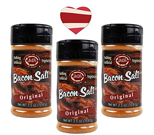 J&D's Original Bacon Salt (3 Pack + Sticker) - Low Sodium Bacon Flavored Seasoning Salts + Bacon Heart Sticker