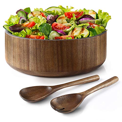 Miusco Natural Acacia Wooden Large Salad Serving Bowl with Tongs Set, 12 Inch, 200 Oz./6.25 Quarts, Spoons Included, Premium Handcrafted Wood Bowl and Utensils Set, BPA & PTFE Free, Great Holiday Gift