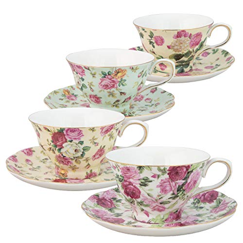 Gracie China by Coastline Imports Rose Chintz 8-Ounce Porcelain Tea Cup and Saucer, 0, Multicolor