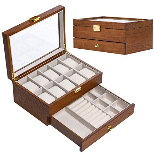 Wood Watch Box,Watch Case Organizer with Jewelry Drawer for Storage and Display,10 Slots, Glass Top