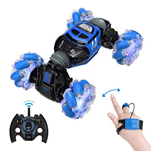 Powerextra RC Stunt Car, 4WD 2.4GHz Remote Control Gesture Sensor Toy Cars, Double Sided Rotating Off Road Vehicle 360° Flips with Lights Music, Toy Cars for Boys & Girls Birthday