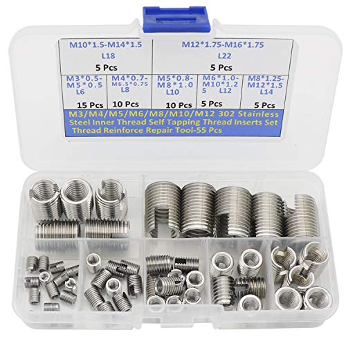 M3 M4 M5 M6 M8 M10 M12 302 Stainless Steel Inner Self Tapping Threaded Insert, Self Tapping Slotted Thread Insert Screw Repair Tool-55 Pcs