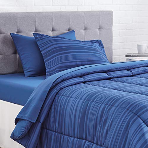 AmazonBasics 5-Piece Light-Weight Microfiber Bed-In-A-Bag Comforter Bedding Set - Twin or Twin XL, Blue Calvin Stripe