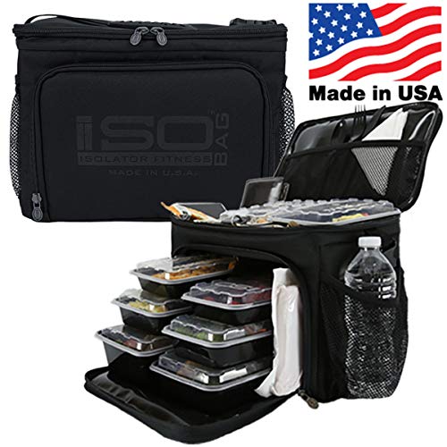 Isolator Fitness 6 Meal ISOCUBE Meal Prep Management Insulated Lunch Bag Cooler with 12 Stackable Meal Prep Containers, 3 ISOBRICKS, and Shoulder Strap - MADE IN USA (Blackout)