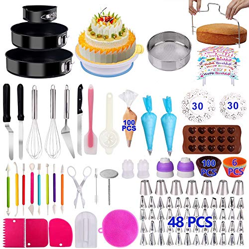 Cake Decorating Supplies 2020 Upgrade 367 PCS Baking Set with Springform Cake Pans Set,Cake Rotating Turntable,Cake Decorating Kits, Muffin Cup Mold, Cake Baking Supplies for Beginners and Cake Lovers