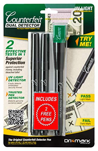 Dri Mark Dual Test - The Original Smart Money Pen with UV LED Cap Counterfeit Detector System - Plus 2 Free Detector Pens - Money Loss Prevention - Fraud Protection