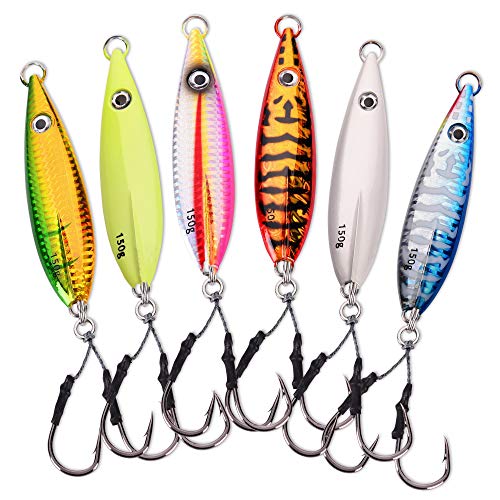 Calissa Offshore Tackle Flat Fall Jig ||| 80g 150g 250g 300LBS Assist Hooks 3/0 Butterfly ||| Vertical Knife Speed Lure Slow Pitch Fall || Glow Options (6 Pack, 150g)