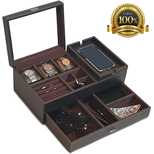 Amiglo Mens Dresser Valet Organizer with Charging Station, Nightstand Drawer Tray, Jewelry Accessories Watches Box, Carbon Fiber Design, PU Leather (Gold Brown)