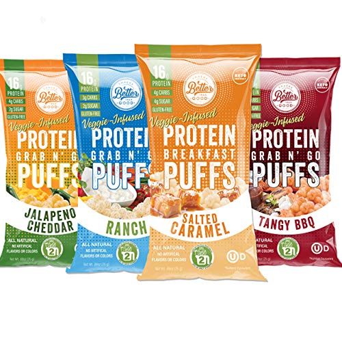 BETTER THAN GOOD Keto Protein Puffs | 16g Protein, 2 Servings of Fruits & Veggies | Paleo, Low Sugar, Low Calories, Gluten Free, Diabetic Friendly Keto Snacks (Sampler 4 pack)