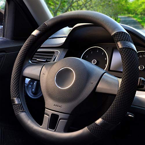 BOKIN Steering Wheel Cover Microfiber Leather and Viscose, Breathable, Anti-Slip, Odorless, Warm in Winter and Cool in Summer, Universal 15 Inches(Black)