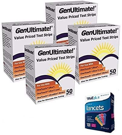 GenUltimate Blood Glucose Test Strips for Use with One Touch Ultra, Ultra 2 and Ultra Mini Meters - 200 Strips with 100 Lancets by Bistras