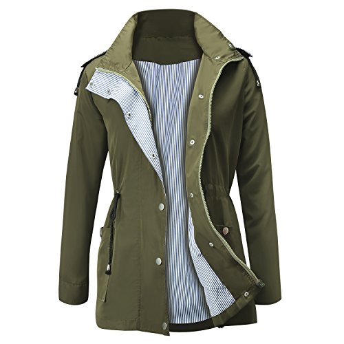 FISOUL Raincoats Waterproof Lightweight Rain Jacket Active Outdoor Hooded Women's Trench Coats Army Green