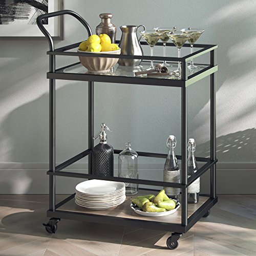 Nathan James Carter Rolling Bar and Serving Cart 2-Tiered Glass and Metal, Black/Brown