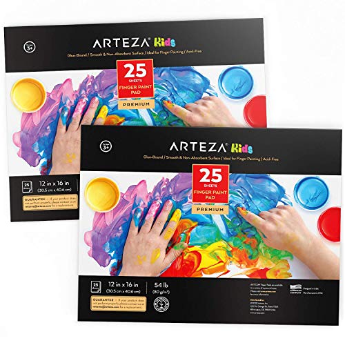 ARTEZA 12x16” Finger Paint Paper Pad, Pack of 2, 50 Sheets (54lb/80gsm), 25 Sheets Each, Glue-Bound, Satin Finger Paint Paper for Toddlers, for Finger Painting and Mixed Media