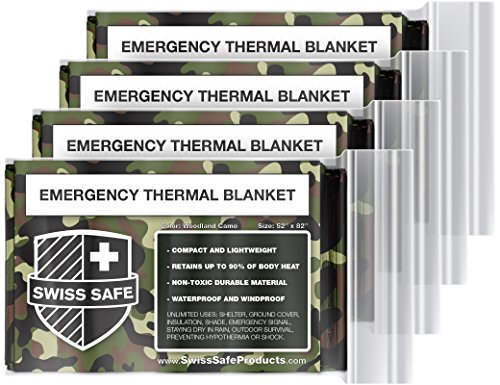 Emergency Mylar Thermal Blankets (4-Pack) + Bonus Signature Gold Foil Space Blanket: Designed for NASA, Outdoors, Hiking, Survival, Marathons or First Aid (Woodland Camouflage)