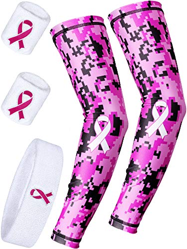 4 Pieces Breast Cancer Awareness Accessories Includes Pink Ribbon Arm Sleeves Headband Wristband for Workout Training (S Size)