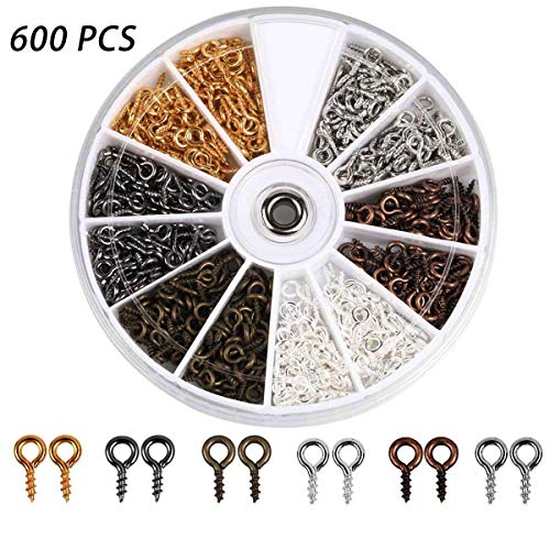 Coolrunner 6 Colors 600-1200Pcs Small Screw Eye Pins, Eye pins Hooks, Eyelets Screw Threaded Silver Clasps Hooks Eye Screws for Jewelry Making (600)