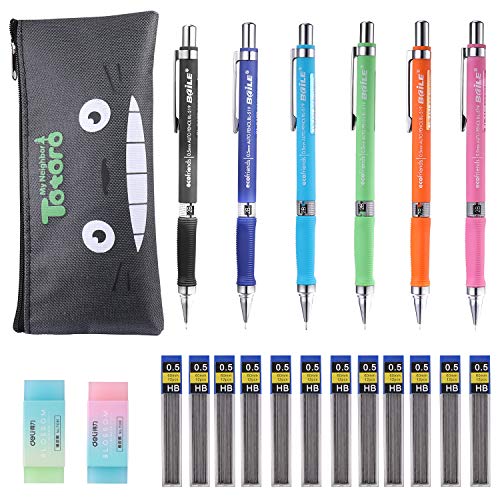 Mechanical Pencil Set, ExcelFu 6 Pieces 0.5 mm Mechanical Pencils with 12 Cases Lead Refills for Writing, Drawing, Signature, 6 Colors