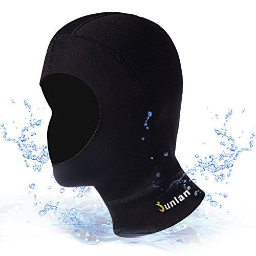 Junlan 3mm Neoprene Diving Hood Full Face Mask Warm Swimming Cap Wetsuit Hooded for Men & Women Water Sports (Black Diving Hood, M-L)