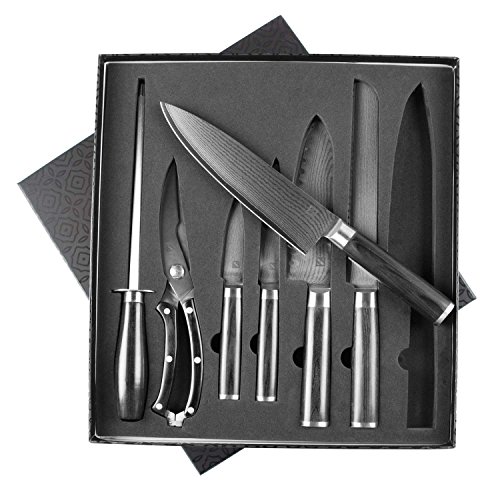 Zelancio Cutlery Premium 7 Piece Japanese Steel Professional Chef Knife Set with High Carbon Core and 67 Layer VG-10 Damascus Steel, Razor Sharp Chef Quality with Wooden Handle, Stainless Steel