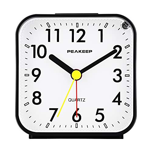 Peakeep Small Battery Operated Analog Travel Alarm Clock Silent No Ticking, Lighted on Demand and Snooze, Beep Sounds, Gentle Wake, Ascending Alarm, Easy Set (Black)