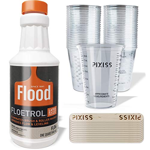 Floetrol Pouring Medium for Acrylic Paint Quart | Flood Flotrol Additive | 20x 10-Ounce Disposable Mixing Cups for Paint, Stain, Epoxy, Resin | 20x Pixiss Wood Mixing Sticks