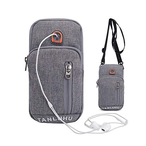 Nylon Cell Phone Arm Bag Mini Crossbody Shoulder Purse Sports Gym Running Armband Wristband Belt Holster Pouch with Clip ID Card Slot/Earphone Hole Wallet Case for 4'-6.5' Smartphone Holder (Grey)