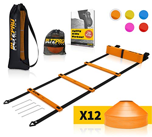 Bltzpro Football and Soccer Training Equipment - Cones & Agility Ladder Speed Practice kit for Kids and Coaches - Footwork Workout Gear - Includes 2 Bags & 24 Agility Drills eBook