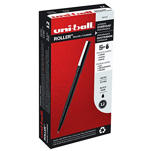 uni-ball 60151 Roller Pens, Micro Point (0.5mm), Black, 12 Count (Packaging may vary)