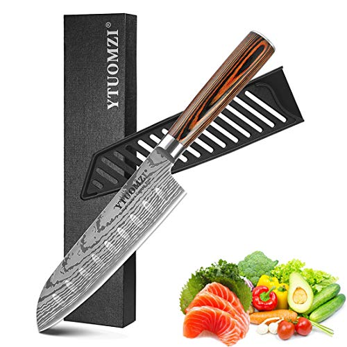 Santoku Knife with Sheath, 7 Inch Japanese Classic Kitchen Knife German High Carbon Stainless Steel Chef's Knife for Home and Restaurant (7-inch Santoku Knife)