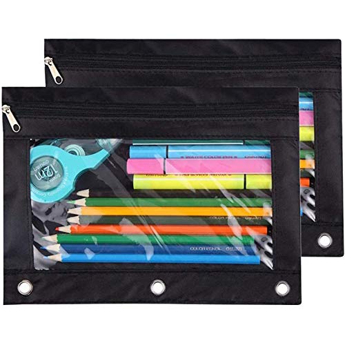 Pencil Pouch 3 Ring, Zipper Pencil Pouches Case Binder Cosmetic Bag Black 2 Pack