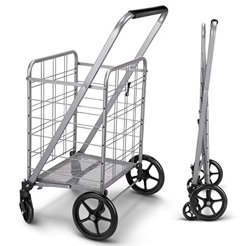 Newly Released Grocery Utility Flat Folding Shopping Cart with 360° Rolling Swivel Wheels Heavy Duty & Light Weight Extra Large Utility Cart