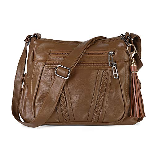 Crossbody Bags For Women Pocketbooks Soft PU Leather Purses and Handbags Multi Pocket Shoulder Bag (Brown-1)