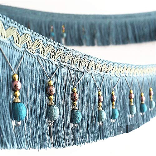 2yard Briaded Beads Hanging Ball Tassel Fringe Trimming Applique Fabric Trimming Ribbon Band Curtain Table Wedding Decorated T2582a (Blue)