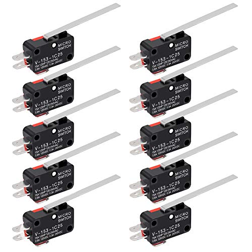 InduSKY 10Pcs Micro Limit Switch Long Straight Hinge Lever Arm SPDT 1NO 1NC Momentary Switch Push Button SPDT Snap Action Perfect for Arduino