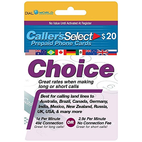 $20 Caller's Select Choice Phone Calling Card for Cheap USA & International Long Distance Calls. 1-cent Per Minute with 49-cent Connection Fee or 2.9 cents with No Connection Fee to 50 Countries