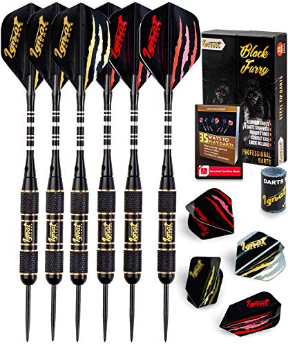 IgnatGames Steel Tip Darts Set - Professional Darts with Aluminum Shafts, Rubber O'Rings, and Extra Flights + Dart Sharpener + Innovative Case + Darts Guide (20g Black Furry)