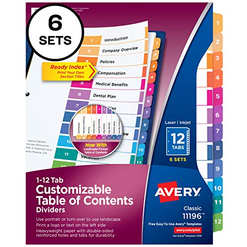 Avery Ready Index 12-Tab Binder Dividers, Customizable Table of Contents, Multicolor Tabs, 6 Sets (11196)