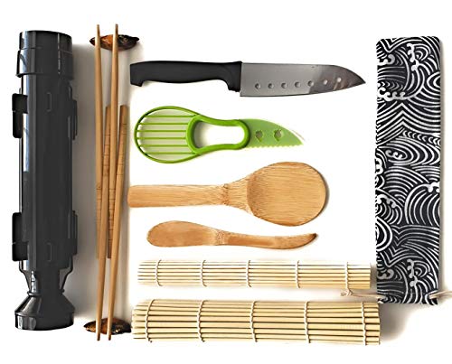 Sushi Making Kit – Super Easy DIY Sushi Making Kit for Beginners w/ Bazooka Maker, Bamboo Mats, Bamboo Chopsticks, Avocado Slicer, Paddle, Spreader, Sushi Knife, Chopsticks Holder, and Cotton Bag