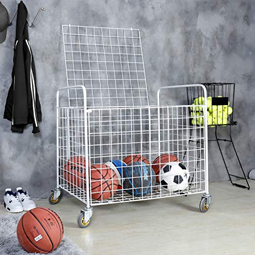 MyGift White Metal Rolling Multi Sports Ball Storage Bin/Basketball, Football, Soccer Equipment Cart