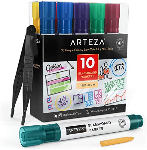 Arteza Dry Erase Markers for Glass Boards Pack of 10 Unique Colors with Low-Odor Ink, Erasable Window Markers for Glass, Mirrors, Whiteboards and Non-Porous Surfaces