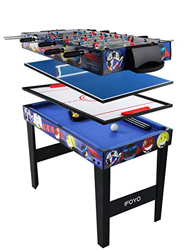 KAKIBLIN 4 in 1 Multi Combo Game Table Set for Kids, Billiard Pool Table, Tabletop Foosball Table, Kids Hockey Table, Ping Pong Table Tennis with All Accessory, 31.5in, Blue