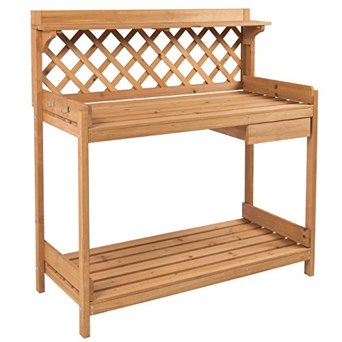 Best Choice Products Outdoor Wooden Garden Potting Bench Work Station Table w/Cabinet Drawer and Open Shelf, Natural